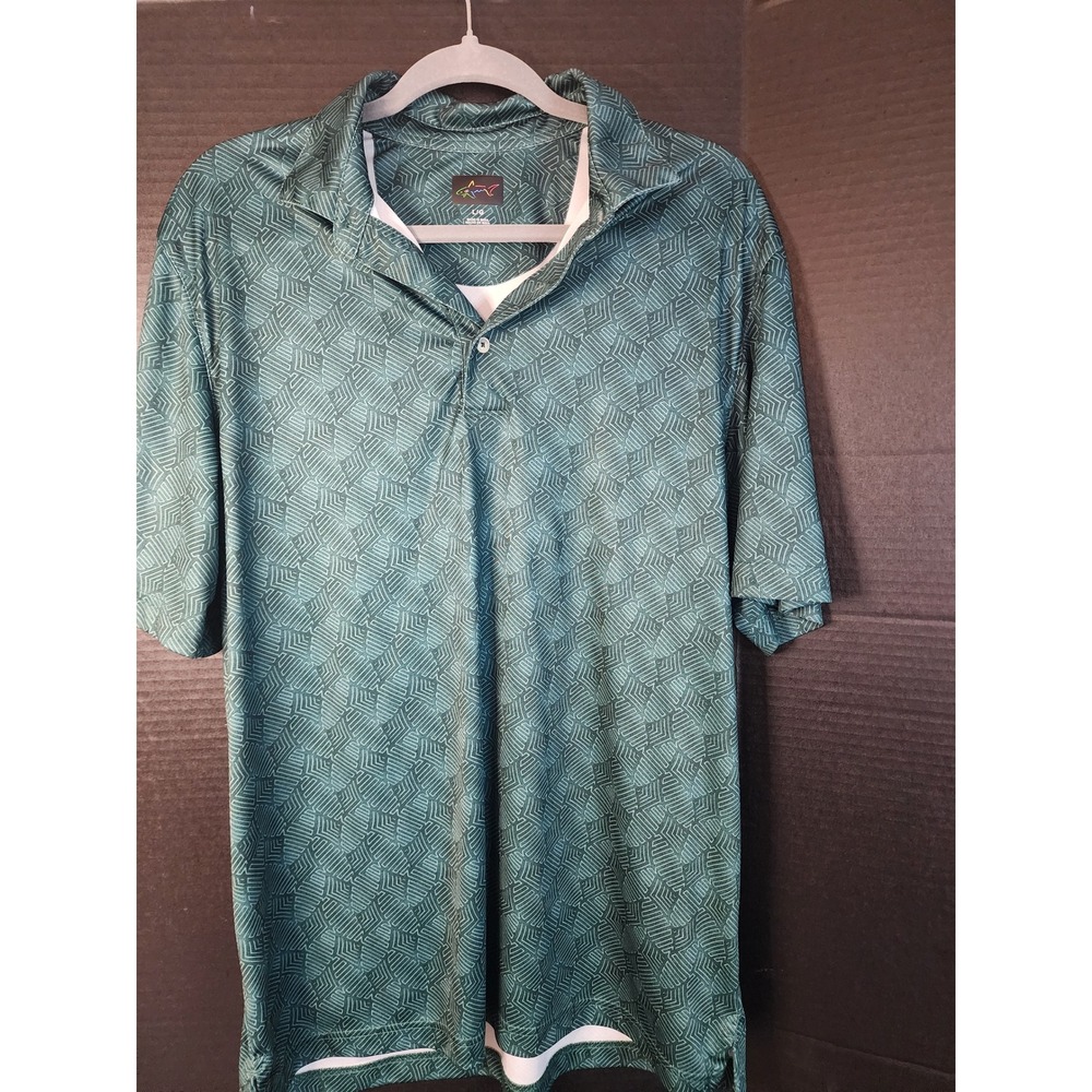 Greg Norman Play Dry Mens Large Teal Green Geometric Maze Print Golf Polo Shirt